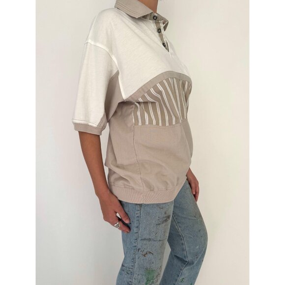 90s vintage white brown striped retro style unisex mens collared polo golf shirt - Picture 7 of 10